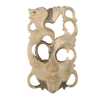 Máscara de madera - Cara de madera de hibisco y máscara de pájaro