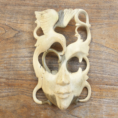 Wood mask, 'Bird and Beauty' - Hibiscus Wood Face and Bird Mask