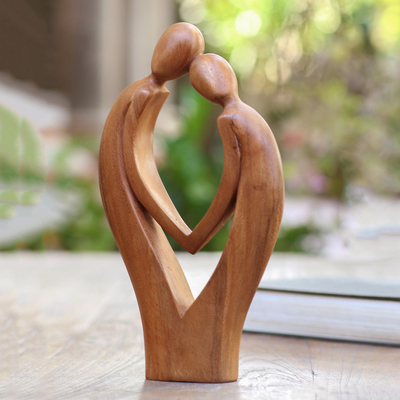 Wood statuette, 'Commitment' - Hand Carved Suar Wood Couple Sculpture