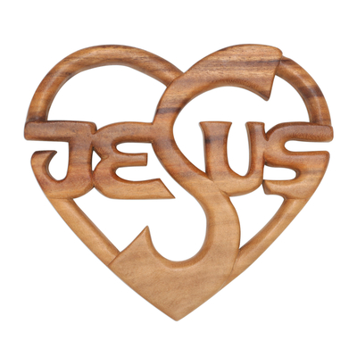 Wood wall panel, 'Love Jesus' - Suar Wood Wall Panel Jesus Heart