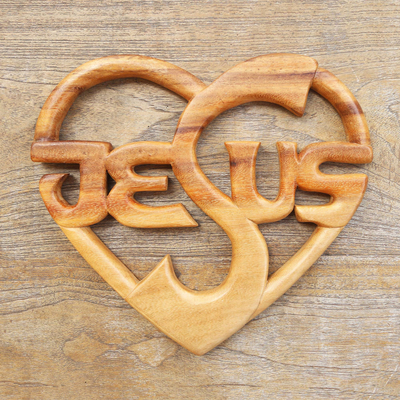 Wandpaneel aus Holz - Suar Holz Wandpaneel Jesus Herz