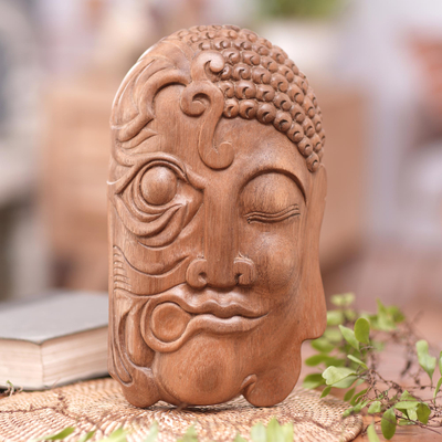 Decoración de pared de máscara de madera, 'El rostro de la naturaleza' - Decoración de pared de máscara de madera tallada a mano Buda