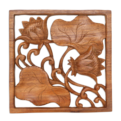 Wood relief wall panel, 'Flower Alive' - Lotus Flower Wood Relief Wall Panel