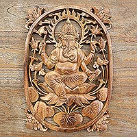 Wood relief wall panel, 'Ganesha Mudra' - Ganesha Carved Wood Wall Decor Panel