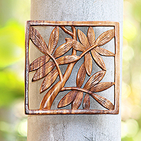 Bamboo Motif Hand Carved Wood Relief Panel,'Bamboo Leaves'