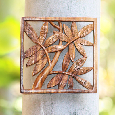 Reliefplatte aus Holz - Handgeschnitzte Holzreliefplatte mit Bambusmotiv