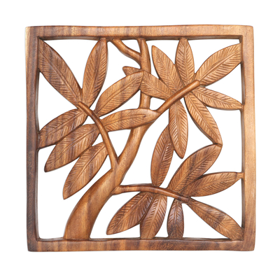 Wood relief panel, 'Bamboo Leaves' - Bamboo Motif Hand Carved Wood Relief Panel