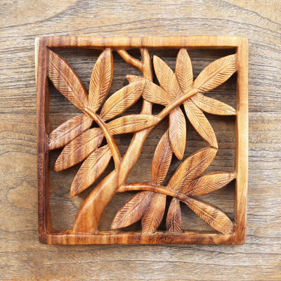 Panel en relieve de madera - Panel en relieve de madera tallada a mano con motivo de bambú