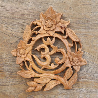 Wood relief panel, 'Ong-Kara Word' - Hand Carved Suar Wood Relief Panel Om