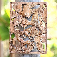 Wood relief panel, 'Bird Paradise' - Hummingbird Hand Carved Suar Wood Relief Panel