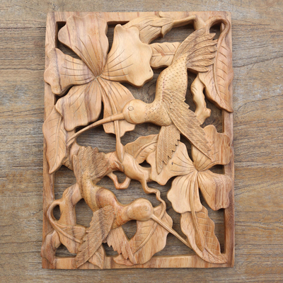 Wood relief panel, 'Bird Paradise' - Hummingbird Hand Carved Suar Wood Relief Panel
