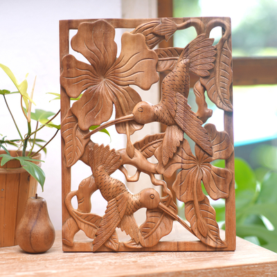 Panel en relieve de madera - Panel de relieve de madera de suar tallado a mano de colibrí