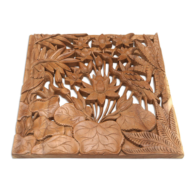 Wood relief panel, 'Crane House' - Crane Suar Wood Hand Carved Relief Panel