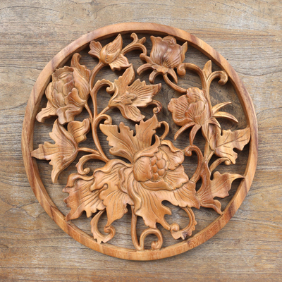 Wood relief panel, 'Powerful Flower' - Suar Wood Flower Round Relief Panel