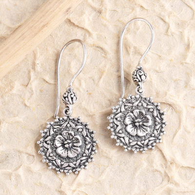 Sterling silver dangle earrings, 'Flowers of Yesteryear' - Balinese Sterling Silver Flower Dangle Earrings