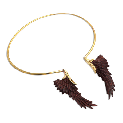 Gold plated wood collar necklace, 'Ancient Wings' - Unique Gold Plated Collar Necklace with Wings