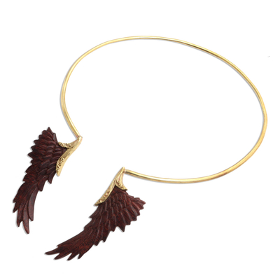 Collar de cuello de madera bañado en oro - Collar único chapado en oro con alas