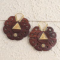 Gold accented wood hoop earrings, 'Eye of Providence' - Eye of Providence Gold Accented Wood Earrings