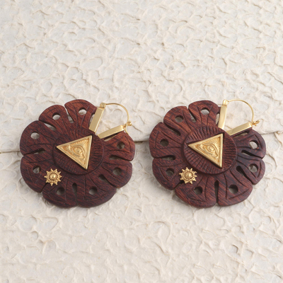 Gold accented wood hoop earrings, 'Eye of Providence' - Eye of Providence Gold Accented Wood Earrings