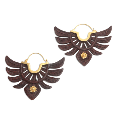 Gold accented wood hoop earrings, 'Justice Symbol' - Hand Carved Wood and Gold Accent Hoop Earrings
