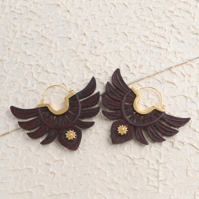 Gold accented wood hoop earrings, 'Justice Symbol' - Hand Carved Wood and Gold Accent Hoop Earrings