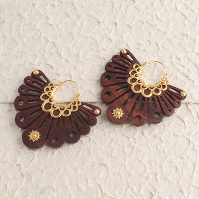Gold accented wood hoop earrings, 'Shining At Dawn' - Carved Wood and 18k Gold Accent Earrings