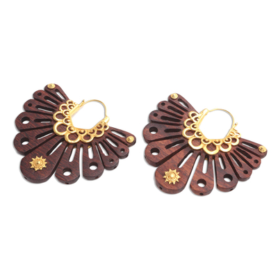 Gold accented wood hoop earrings, 'Shining At Dawn' - Carved Wood and 18k Gold Accent Earrings