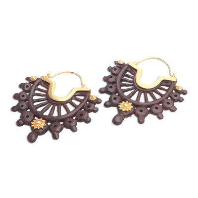 Gold accented wood hoop earrings, 'Merciful' - 18k Gold Accented Carved Wood Hoop Earrings
