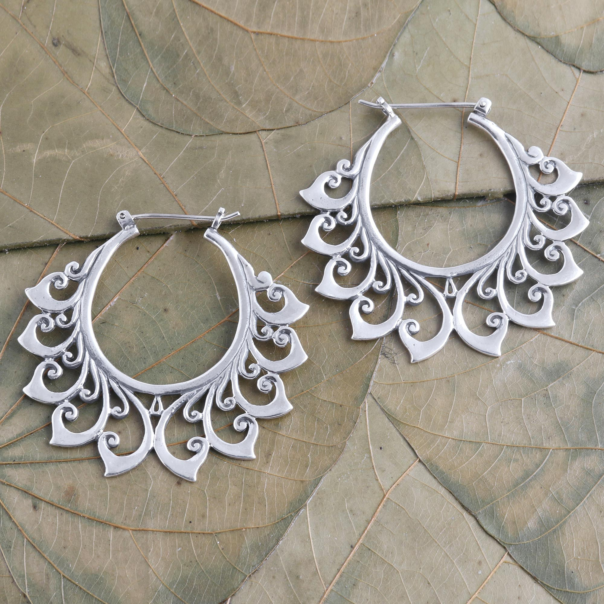 925 Sterling Silver Floral Hoop Earrings