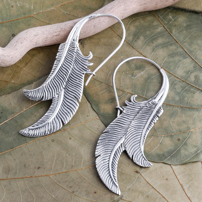 Sterling silver drop earrings, 'Swinging Banana Leaves' - Hand Made Sterling Silver Banana Leaf Drop Earrings