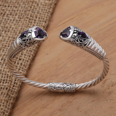 Amethyst cuff bracelet, 'Venture' - Amethyst and Sterling Silver Bracelet from Bali