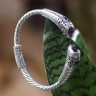 Amethyst-Manschettenarmband - Armband aus Amethyst und Sterlingsilber aus Bali