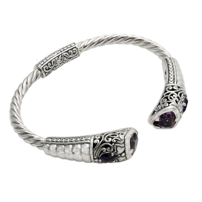 Amethyst cuff bracelet, 'Venture' - Amethyst and Sterling Silver Bracelet from Bali