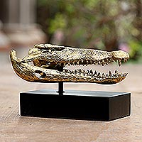 Brass sculpture, 'Crocodile Head' - Hand Crafted Brass Crocodile Head Sculpture