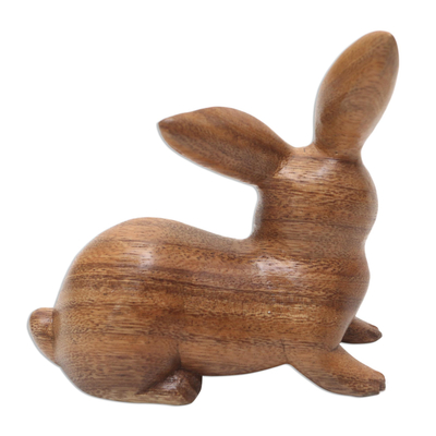 Wood figurine, 'Wise Rabbit in Brown' - Handmade Suar Wood Rabbit Figurine