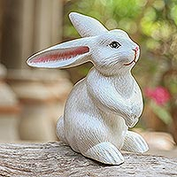 Wood sculpture, 'Adorable Rabbit in White'
