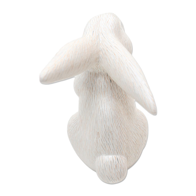 Wood sculpture, 'Adorable Rabbit in White' - Cute Hand Carved White Rabbit Sculpture