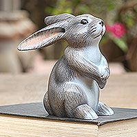 Wood sculpture, 'Adorable Rabbit in Grey'