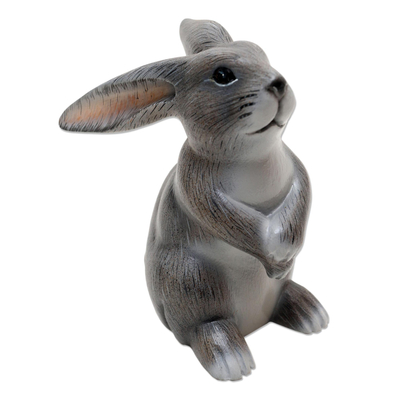 Wood sculpture, 'Adorable Rabbit in Grey' - Hand Carved Grey Rabbit Statuette
