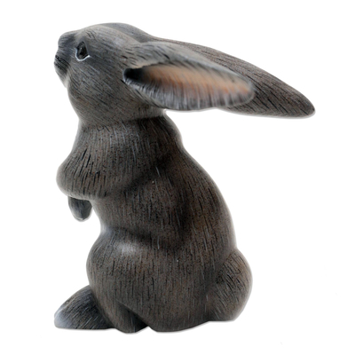 Wood sculpture, 'Adorable Rabbit in Grey' - Hand Carved Grey Rabbit Statuette