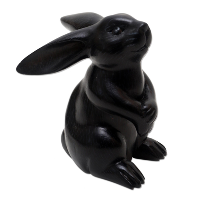 Wood sculpture, 'Adorable Rabbit in Black' - Black Rabbit Statuette from Bali