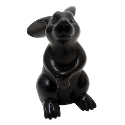 Wood sculpture, 'Adorable Rabbit in Black' - Black Rabbit Statuette from Bali
