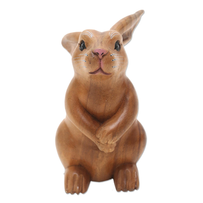 Wood sculpture, 'Adorable Rabbit in Brown' - Handmade Brown Bunny Sculpture