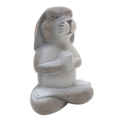 Wood sculpture, 'Praying Rabbit in Grey' - Hand Carved Suar Wood Rabbit Statuette