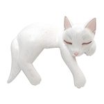 Wood statuette, 'Lounging Cat in White' - Hand Carved Suar Wood Cat Statuette
