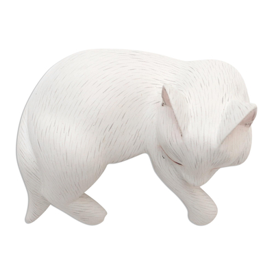 Wood statuette, 'Lounging Cat in White' - Hand Carved Suar Wood Cat Statuette