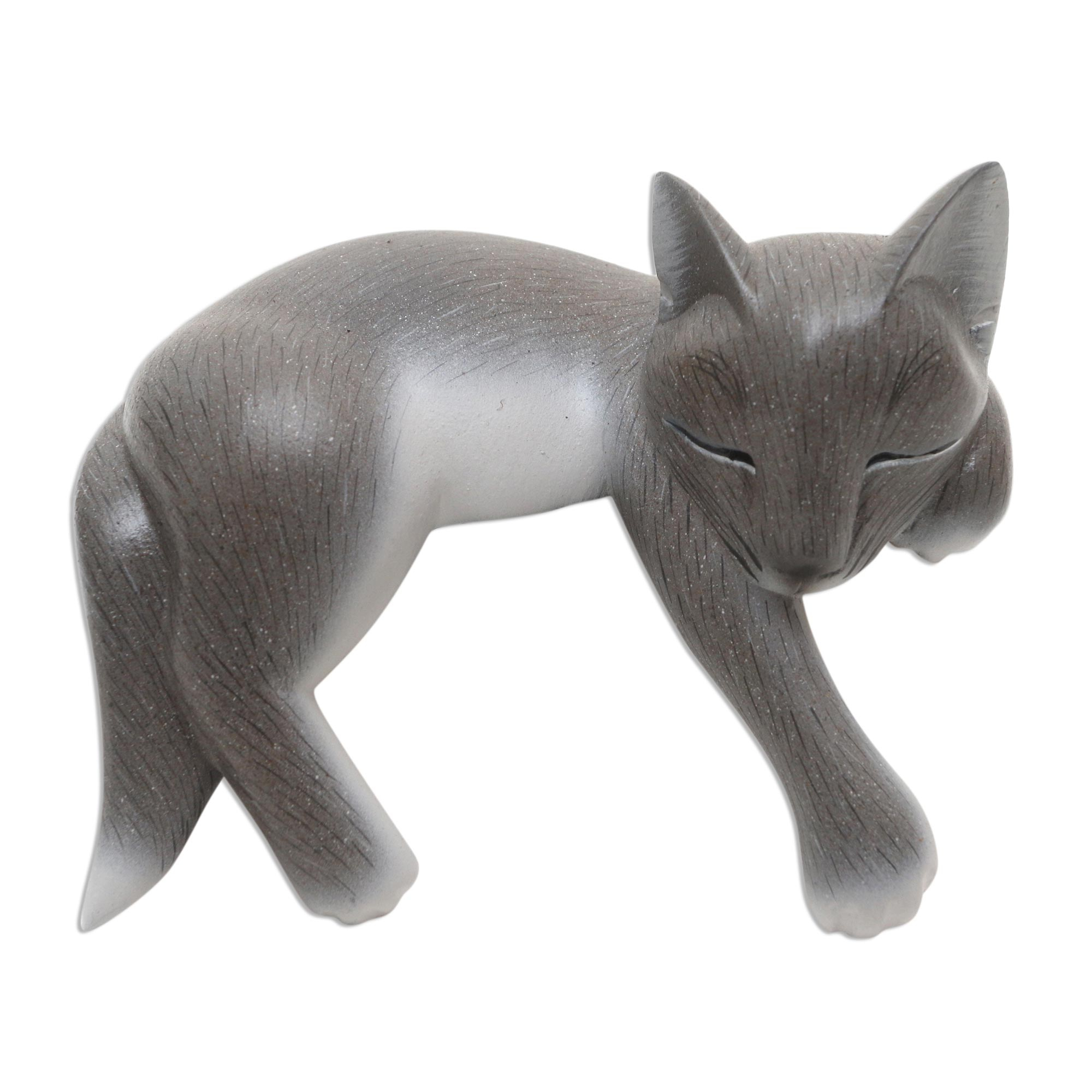 Hand Carved Suar Wood Cat Statuette - Wood statuette, 'Lounging Cat ...
