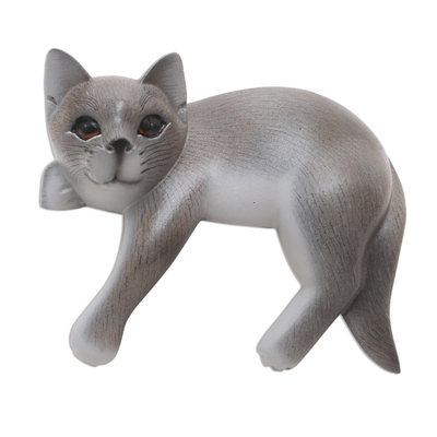 Wood statuette, 'Quaint Cat' - Hand Carved Suar Wood Cat Statuette