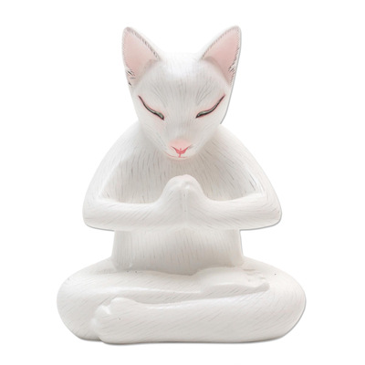 Wood statuette, 'Grateful Cat in White' - Hand Carved Suar Wood Cat Statuette