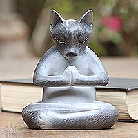 Wood statuette, 'Grateful Cat in Grey' - Hand Carved Suar Wood Cat Statuette